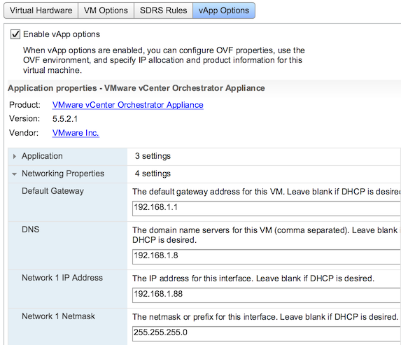 vApp Options on the vRO appliance