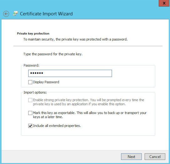 Input the password used to protect the certificate
