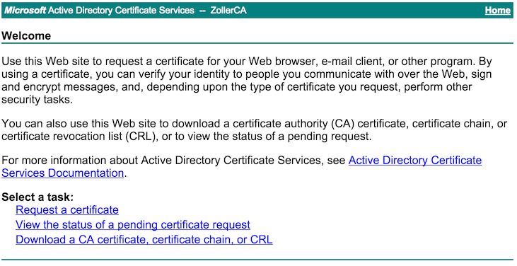 Home page of Windows Server ADCS