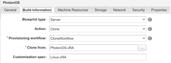 Build Information tab on a machine component