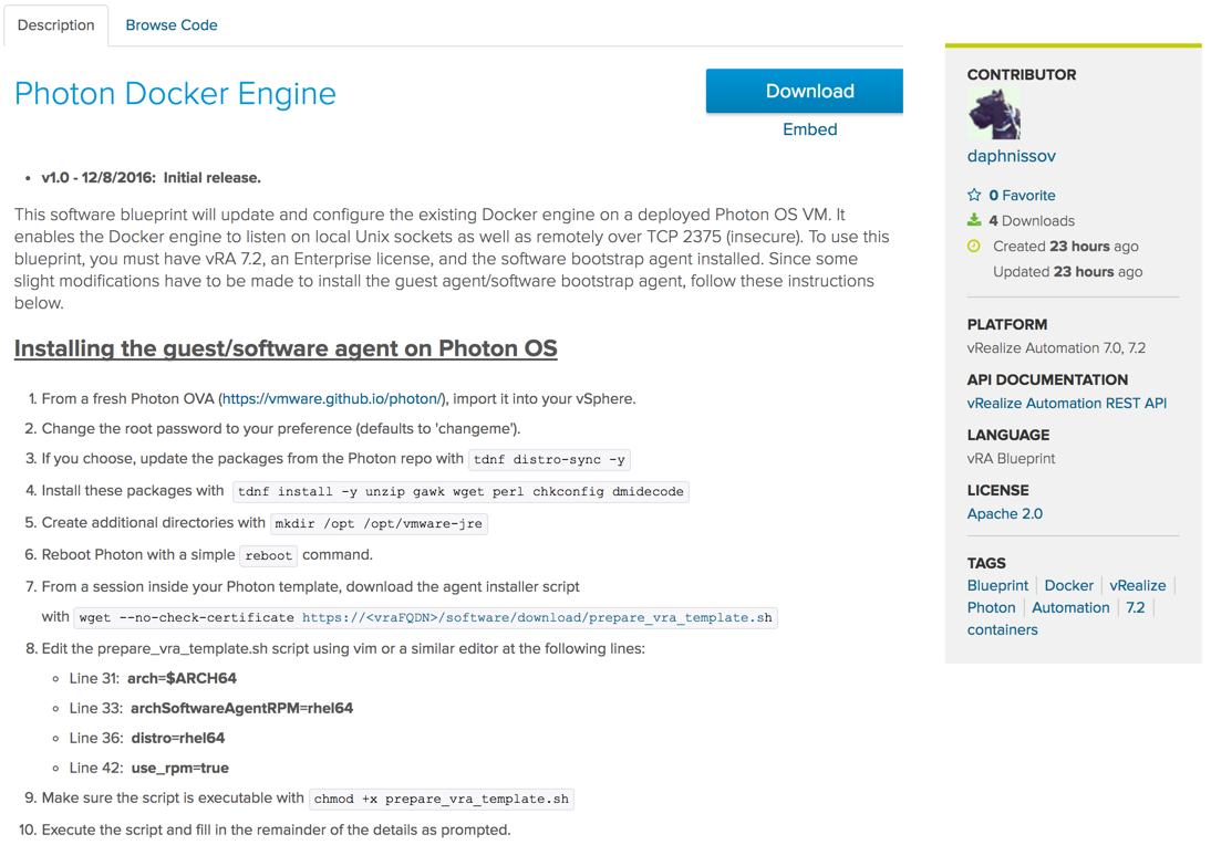Sample page of Photon Docker Engine software blueprint