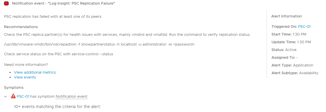Alert with recommendation in vROps