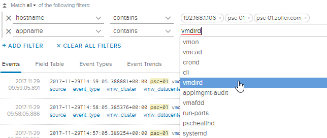 vRLI query for vmdird logs