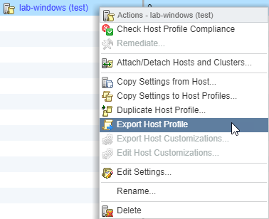 Right-click context menu on host profile