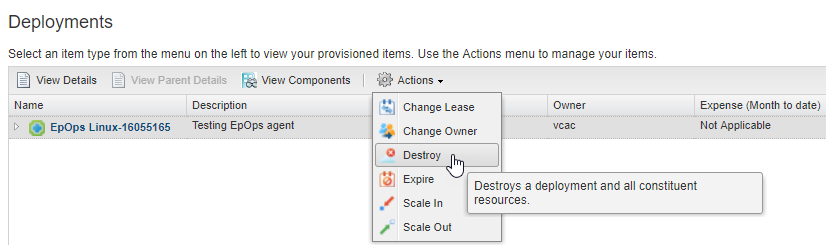 vRA destroy deployment action