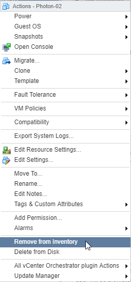 Right-click context menu on VM