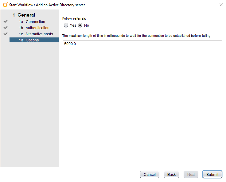 Add an Active Directory server vRO workflow, Options