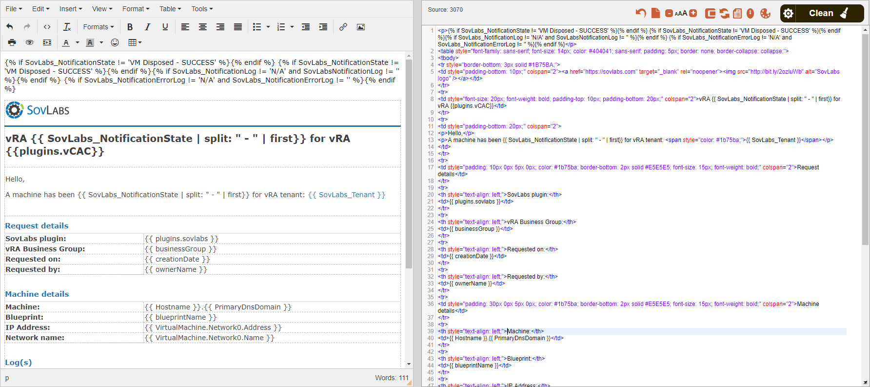 Raw HTML code (right); rendered HTML code (left)