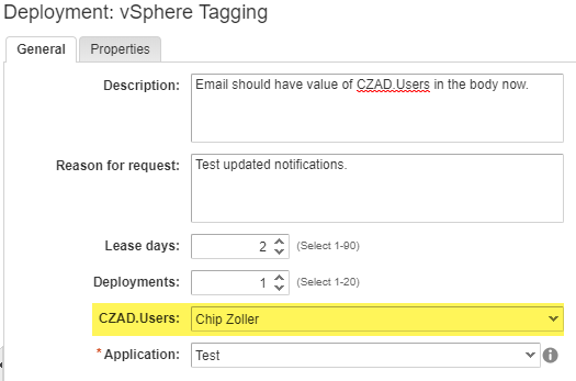 vRA catalog item request form with &lt;code&gt;CZAD.Users&lt;/code&gt; specified