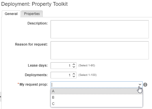 vRA catalog item request form with drop-down