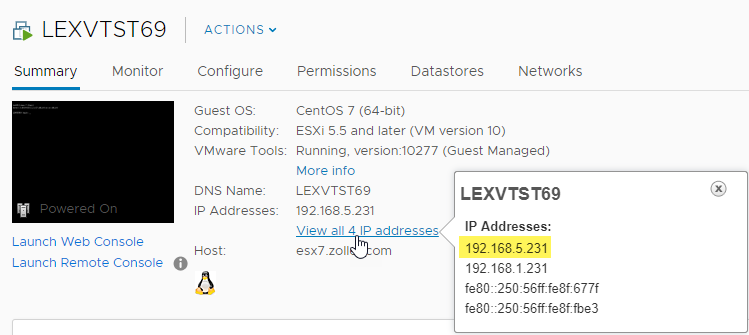 VM in vCenter inventory showing all IPs