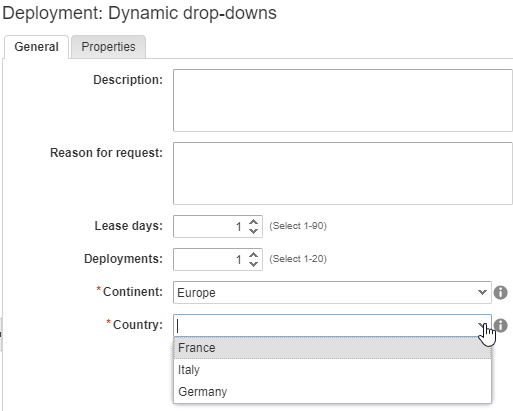 Catalog item request form with Country drop-down