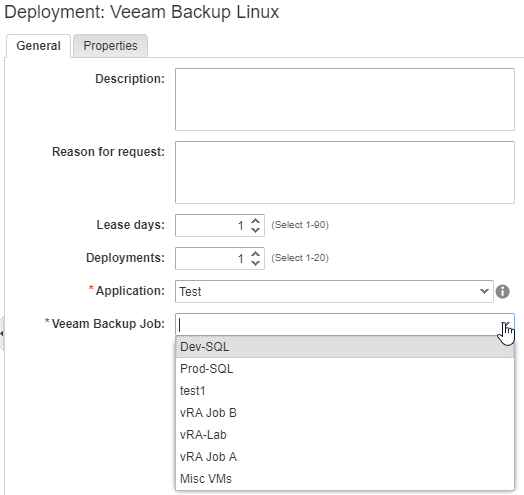 Catalog request form with Veeam backup job selection