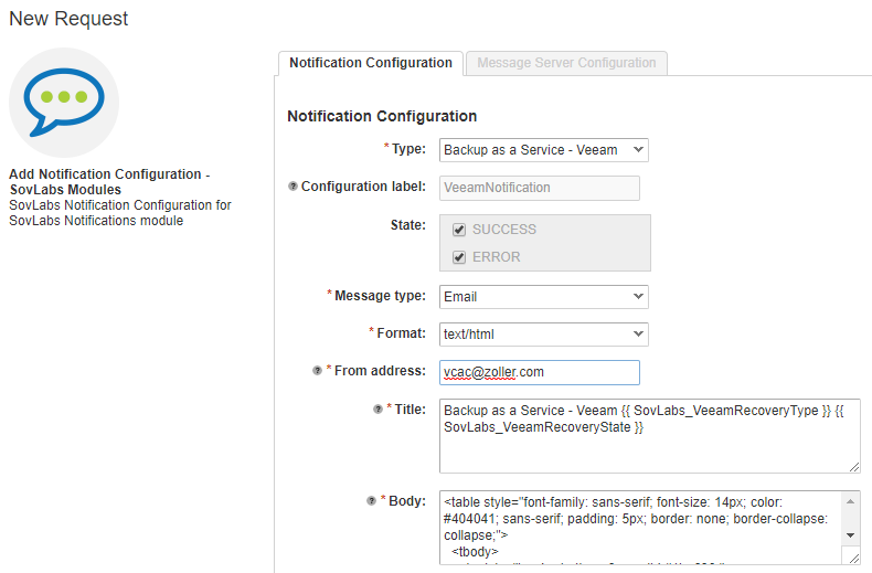 Add Notification Configuration request form