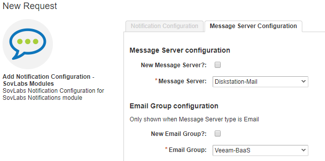 Add Notification Configuration request form, Message Server Configuration tab
