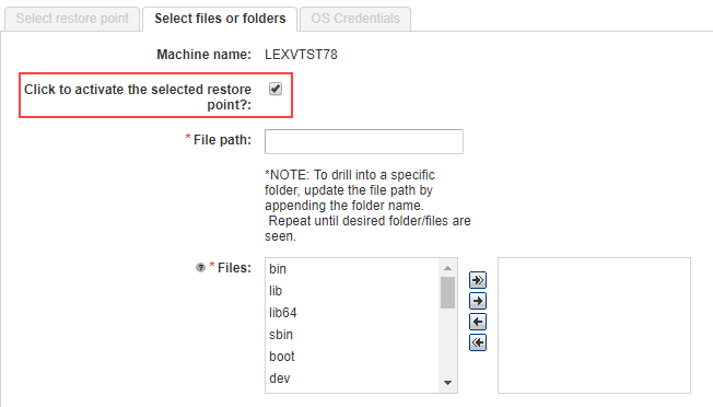 Recover Files and Folders request form, select files