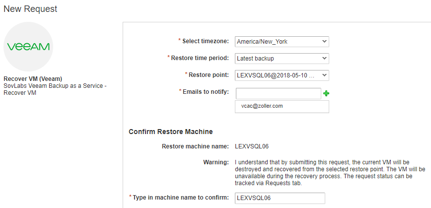 Recover VM action request form