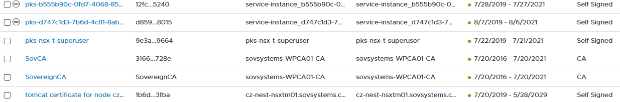 List of certificates in NSX-T