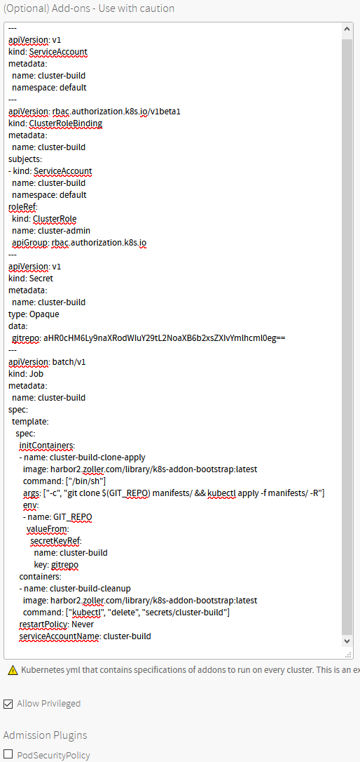 The add-ons section of your plan should be completed with the sample manifest and replaced values.