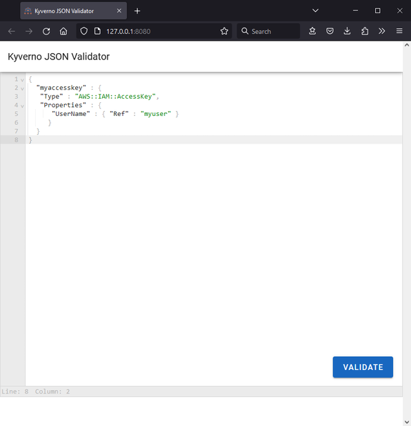 Screenshot of the UI of Kyverno json-validator, a small demo application used to send any JSON document direct to Kyverno.