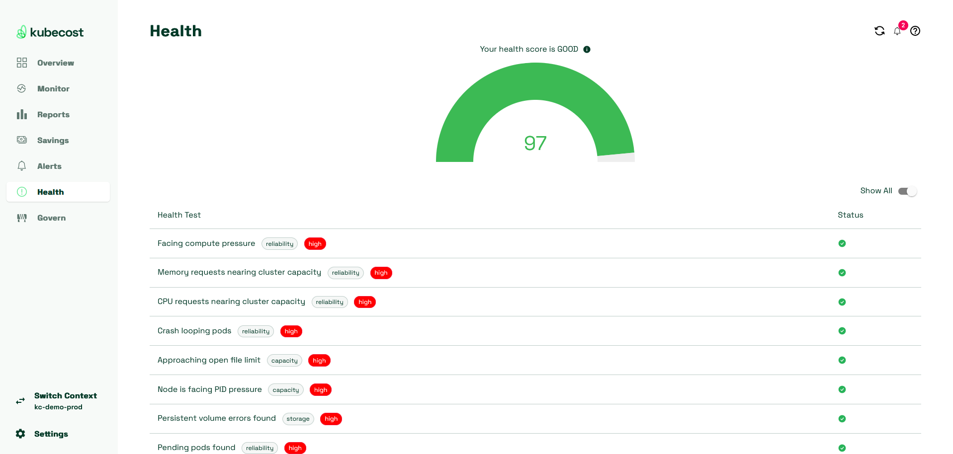 The Health page shows many common Kubernetes issues which can be triggered.