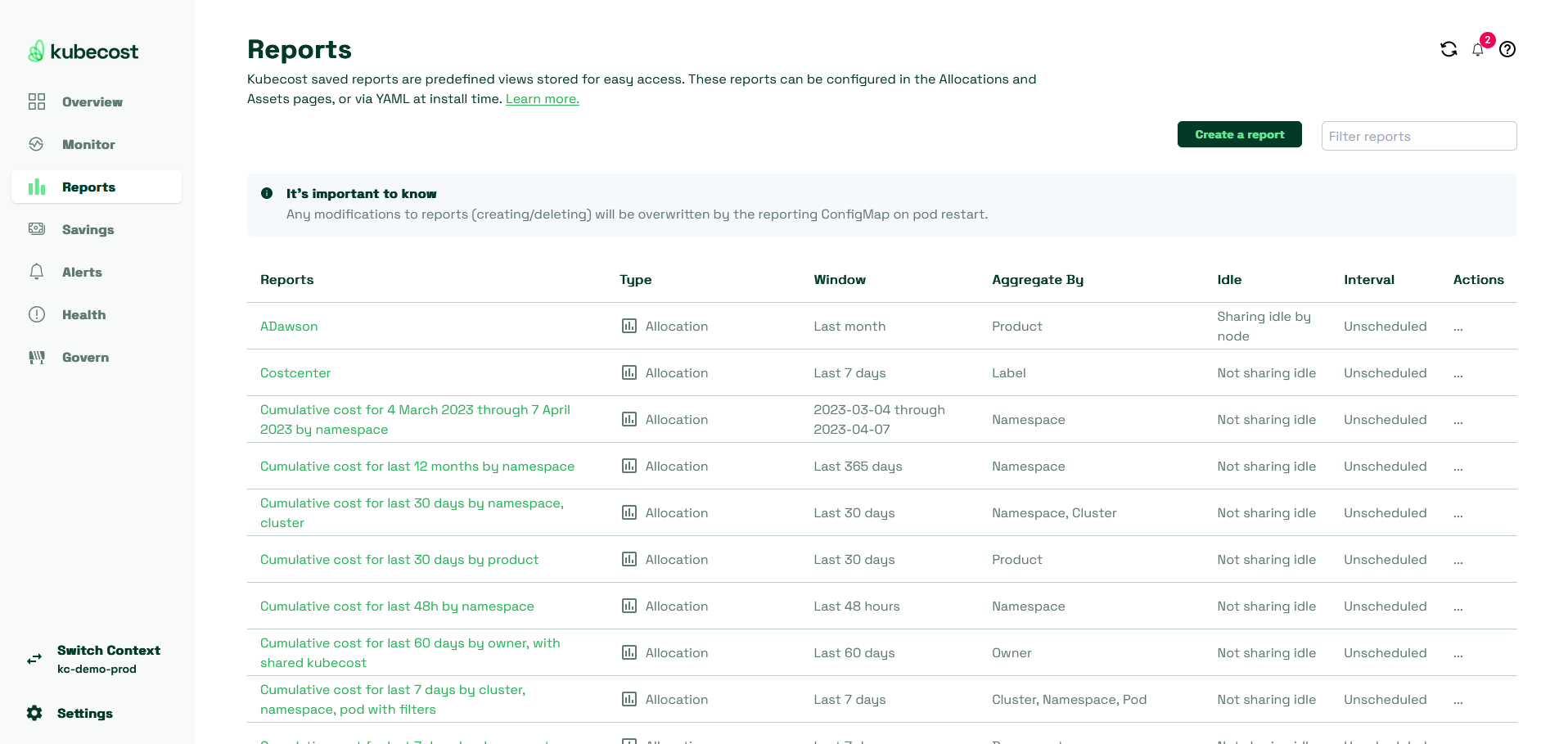 The Reports page allows you to create reports based on what you saw in Kubecost.