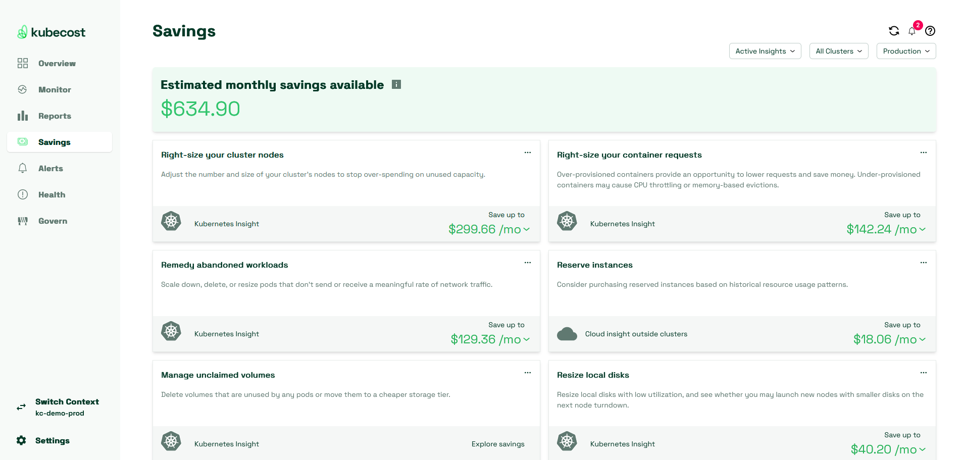 The Savings page shows you where Kubecost thinks you can save money by reclaiming or rightsizing resources.